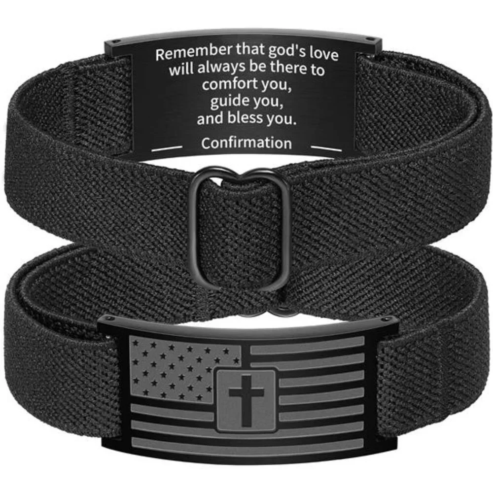 American Flag Cross Bracelet for Men Women, Black Elastic Stretch Strap